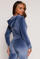 Womens Velour Zip Up Hooded Crop Top, Blue, Size S