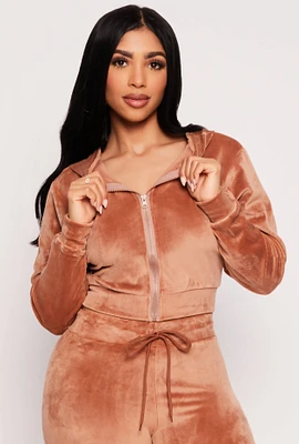 Womens Velour Zip Up Hooded Crop Top,