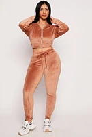Womens Velour Zip Up Hooded Crop Top,