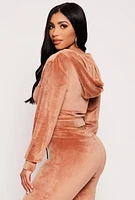 Womens Velour Zip Up Hooded Crop Top,