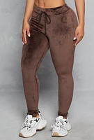 Womens High Waisted Velour Drawstring Pants, Brown,