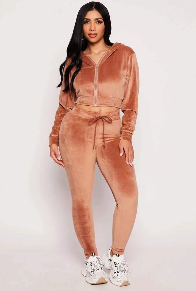 Womens High Waisted Velour Drawstring Pants, Brown, Size L