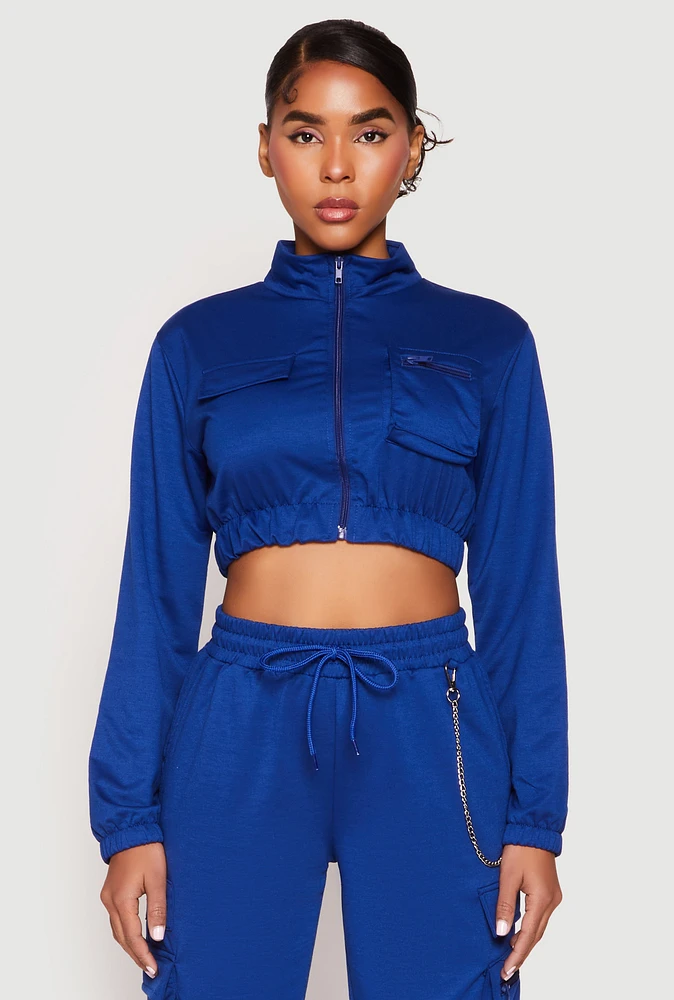 Womens Zip Front Cropped Sweatshirt, Blue, Size M