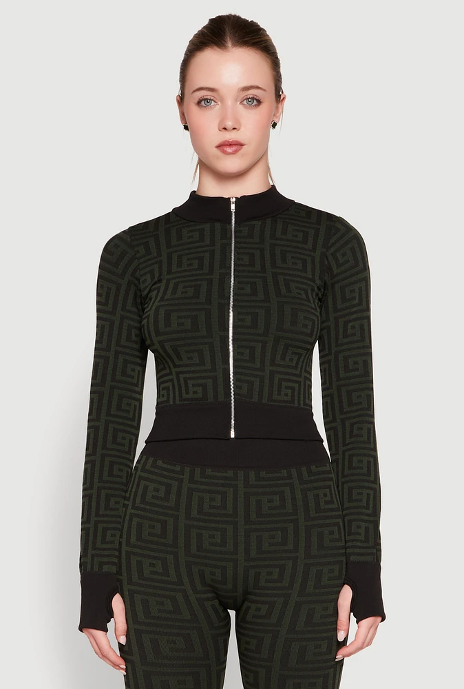Womens Greek Key Mock Neck Track Jacket,