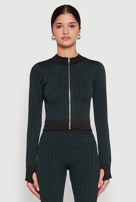Womens Greek Key Mock Neck Track Jacket, Multi, Size S