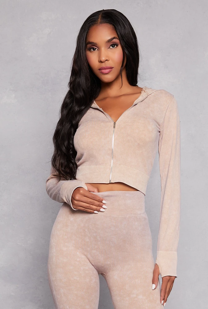 Womens Acid Wash Seamless Zip Front Hoodie, Beige, Size S-M