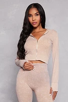 Womens Acid Wash Seamless Zip Front Hoodie, Beige, Size S-M