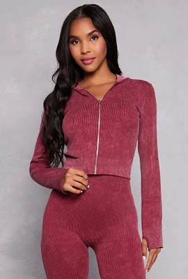 Womens Acid Wash Seamless Zip Front Hoodie, Burgundy, Size S-M