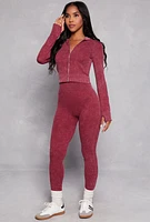 Womens Acid Wash Seamless Zip Front Hoodie, Burgundy, Size S-M