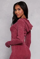 Womens Acid Wash Seamless Zip Front Hoodie, Burgundy, Size S-M