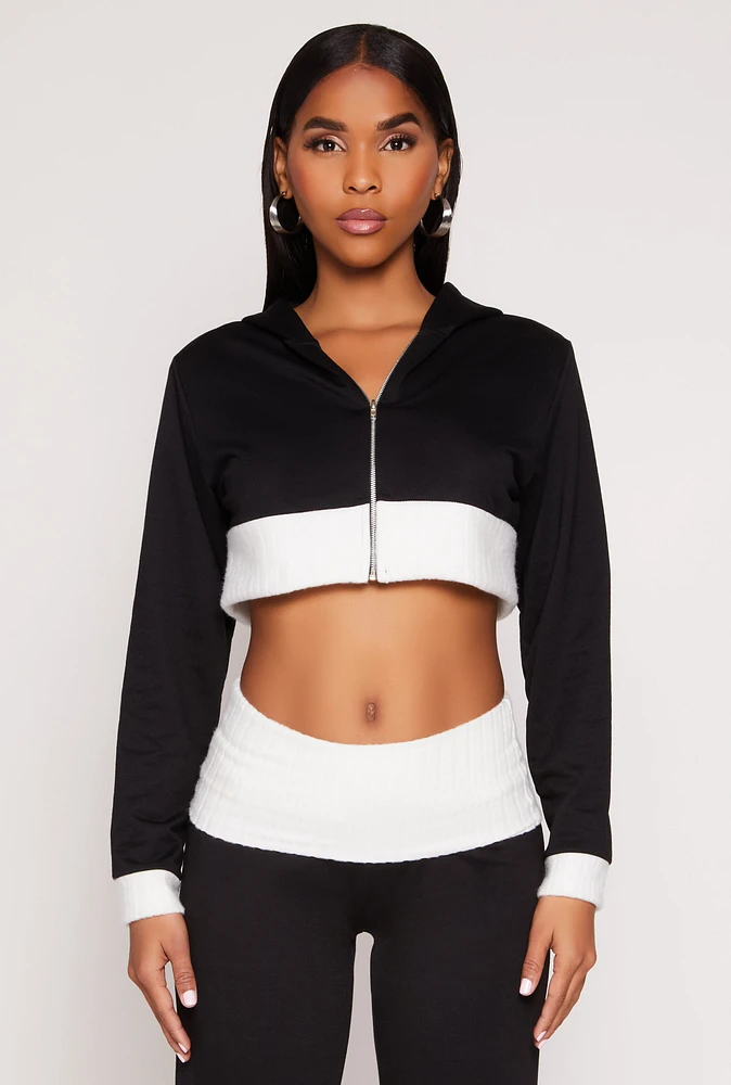 Womens Two Tone Trim Cropped Hooded Sweatshirt,