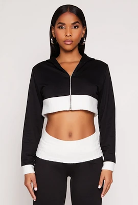 Womens Two Tone Trim Cropped Hooded Sweatshirt,
