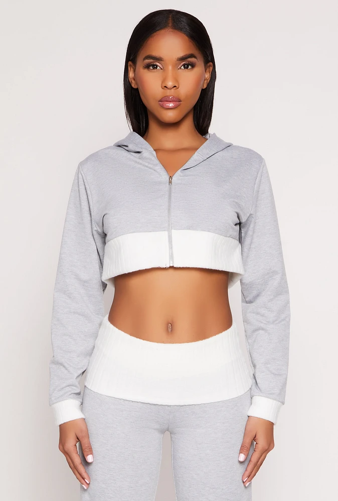 Womens Two Tone Trim Cropped Hooded Sweatshirt, Grey, Size L