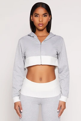 Womens Two Tone Trim Cropped Hooded Sweatshirt, Grey, Size L