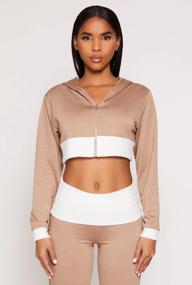 Womens Two Tone Trim Cropped Hooded Sweatshirt,