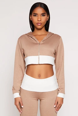 Womens Two Tone Trim Cropped Hooded Sweatshirt,