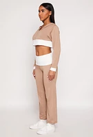 Womens Two Tone Trim Cropped Hooded Sweatshirt, Beige,