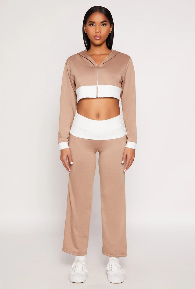 Womens Two Tone Waistband High Waist Sweatpants, Khaki, Size M