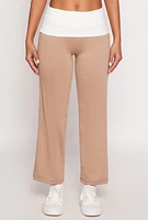 Womens Two Tone Waistband High Waist Sweatpants, Khaki, Size M