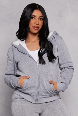 Womens Sherpa Lined Zip Front Hoodie, Grey, Size S