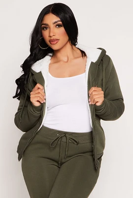 Womens Sherpa Lined Zip Front Hoodie, Green, Size M