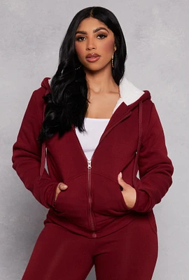 Womens Sherpa Lined Zip Front Hoodie, Burgundy, Size M