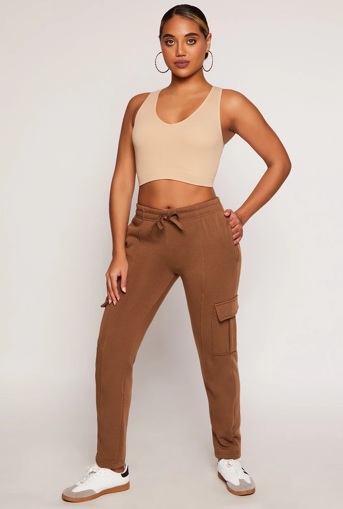 Womens Solid Cargo Pocket Pintuck Joggers, Brown, Size S