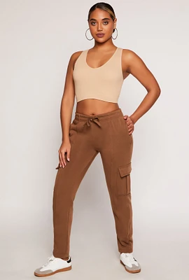 Womens Solid Cargo Pocket Pintuck Joggers, Brown, Size S