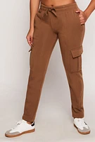 Womens Solid Cargo Pocket Pintuck Joggers, Brown, Size S