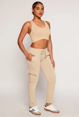 Womens Solid Cargo Pocket Pintuck Joggers, Khaki, Size S