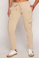 Womens Solid Cargo Pocket Pintuck Joggers, Khaki, Size S
