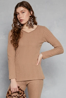 Womens Brushed Rib Knit V Neck Long Sleeve Top,