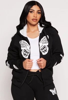 Womens Butterfly Graphic Sherpa Lined Zip Front Hoodie,