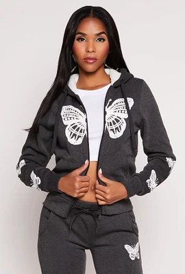 Womens Butterfly Graphic Sherpa Lined Zip Front Hoodie,