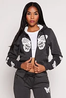 Womens Butterfly Graphic Sherpa Lined Zip Front Hoodie, Grey, Size L