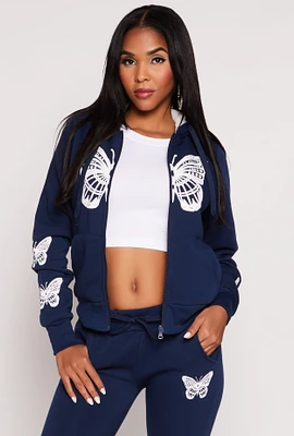 Womens Butterfly Graphic Sherpa Lined Zip Front Hoodie, S