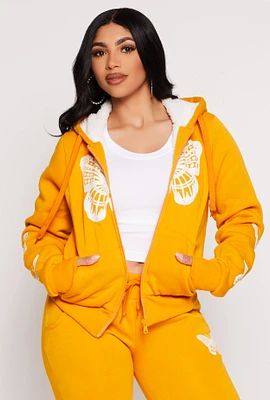 Womens Butterfly Graphic Sherpa Lined Zip Front Hoodie, Yellow, Size L
