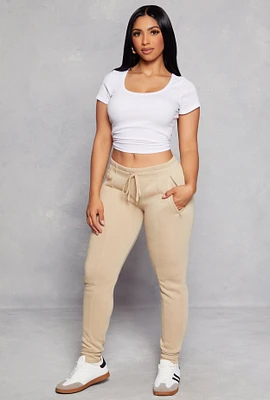 Womens Fleece Pintuck Drawstring High Waist Joggers, Khaki,