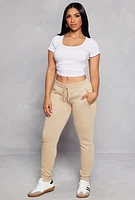 Womens Fleece Pintuck Drawstring High Waist Joggers, Khaki,