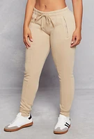 Womens Fleece Pintuck Drawstring High Waist Joggers, Khaki,