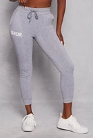 Womens Queene Graphic Fleece Drawstring Joggers, Grey, Size XL
