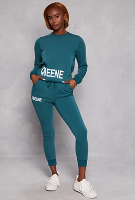 Womens Queene Graphic Fleece Drawstring Joggers, Green, Size M