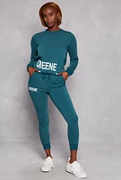 Womens Queene Graphic Fleece Drawstring Joggers, Green, Size M