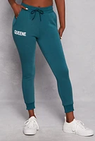 Womens Queene Graphic Fleece Drawstring Joggers, Green, Size M