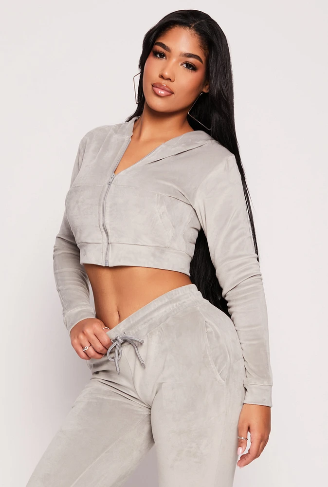 Womens Velour Zip Front Cropped Hoodie, Grey, Size L