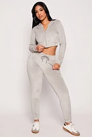 Womens Velour Zip Front Cropped Hoodie, Grey, Size L