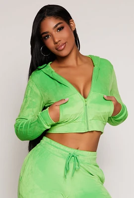 Womens Velour Zip Front Cropped Hoodie, Green, Size XL