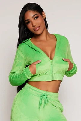 Womens Velour Zip Front Cropped Hoodie, Green, Size M
