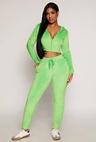 Womens Velour Zip Front Cropped Hoodie, Green, Size M