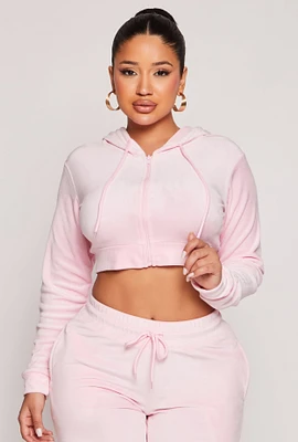 Womens Velour Zip Front Cropped Hoodie, Pink,